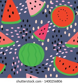 Cartoon cute summer watermelon seamless pattern vector.