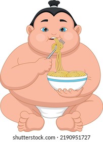 Cartoon Cute Sumo Wrestler Eating Noodle