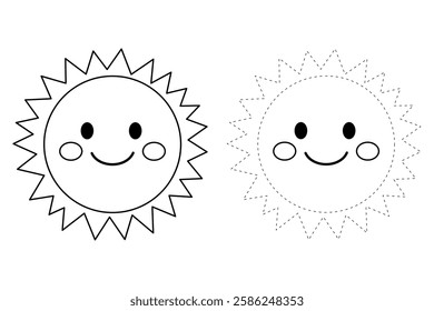 Cartoon cute sun clip art vector. Doodle cute summer sun coloring pages for kids. Trace and color sun. Happy sunny isolated on white background. Summer worksheets for kids activity printable.