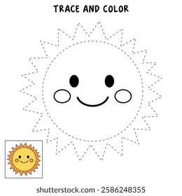 Cartoon cute sun clip art vector. Doodle cute summer sun coloring pages for kids. Trace and color sun. Happy sunny isolated on white background. Summer worksheets for kids activity printable.