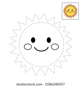 Cartoon cute sun clip art vector. Doodle cute summer sun coloring pages for kids. Trace and color sun. Happy sunny isolated on white background. Summer worksheets for kids activity printable.