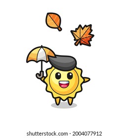 cartoon of the cute sun holding an umbrella in autumn , cute style design for t shirt, sticker, logo element