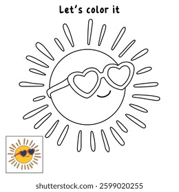 Cartoon cute sun with sunglasses clip art vector. Doodle cute summer sun with sunglasses coloring pages for kids. Trace and color sun. Happy sunny. Summer worksheets for kids activity printable.
