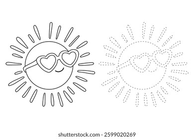 Cartoon cute sun with sunglasses clip art vector. Doodle cute summer sun with sunglasses coloring pages for kids. Trace and color sun. Happy sunny. Summer worksheets for kids activity printable.
