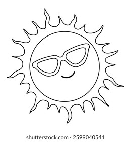 Cartoon cute sun with sunglasses clip art vector. Doodle cute summer sun with sunglasses coloring pages for kids. Trace and color sun. Happy sunny. Summer worksheets for kids activity printable.
