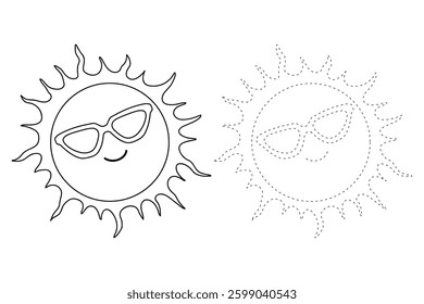 Cartoon cute sun with sunglasses clip art vector. Doodle cute summer sun with sunglasses coloring pages for kids. Trace and color sun. Happy sunny. Summer worksheets for kids activity printable.
