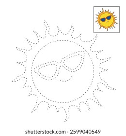 Cartoon cute sun with sunglasses clip art vector. Doodle cute summer sun with sunglasses coloring pages for kids. Trace and color sun. Happy sunny. Summer worksheets for kids activity printable.
