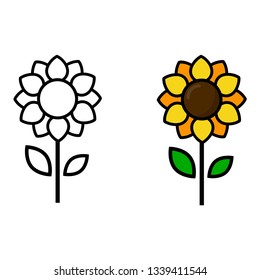 cartoon cute sunflower vector outline and colored