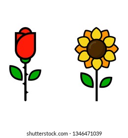 cartoon cute sunflower vector and red rose
