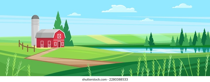 Cartoon cute sunny rural scene with red barn and hangar tower, country road through wheat fields with round haystacks, countryside farmland. Farm house in village spring landscape vector illustration.