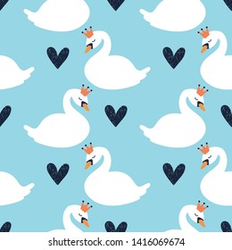 Cartoon cute swan seamless pattern, vector design for wrapping paper, textile, background fill design.