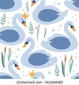 Cartoon cute swan seamless pattern, vector design for wrapping paper, textile, background fill design.