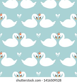 Cartoon cute swan seamless pattern, vector design for wrapping paper, textile, background fill design.