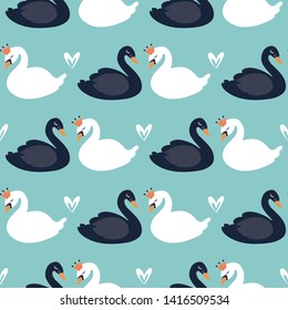 Cartoon cute swan seamless pattern, vector design for wrapping paper, textile, background fill design.