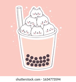 Cartoon cute sweet cats and bubble tea in glass vector.