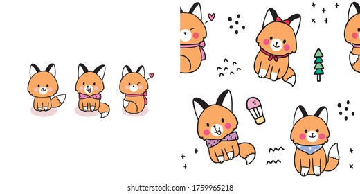 Cartoon cute sweet fox  seamless pattern vector.