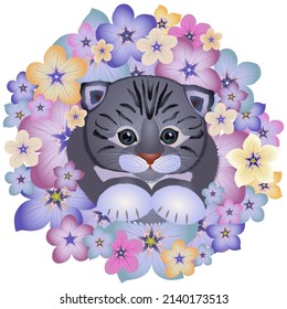 Cartoon cute sweet kitten in round flowers frame. Vector illustration