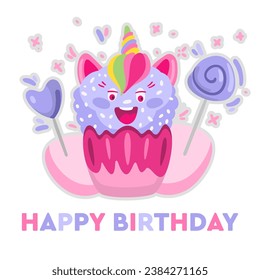 Cartoon cute sweet unicorn cake, smile. Birthday
