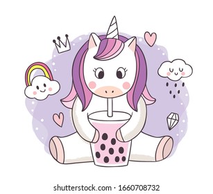 Cartoon Cute Sweet Unicorn Drink Bubble Tea Vector.