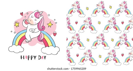 Cartoon Cute Sweet Unicorn Drink Coffee On Rainbow Seamless Pattern Vector.