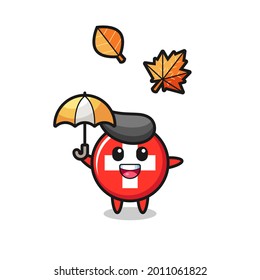 cartoon of the cute switzerland flag badge holding an umbrella in autumn , cute style design for t shirt, sticker, logo element