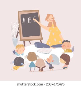 Cartoon Cute Teacher with Funny Preschoolers in the Classroom