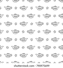 Cartoon cute teapot and mint on white background. Simple seamless pattern. Linear coloring illustration. For zentangle book
