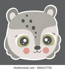 Cartoon cute teddy bear face with ruddy cheeks and white outline on a square dark background. For sticker, poster, print on clothes, postcard, interior elements for nursery. Kawaii character. Vector.