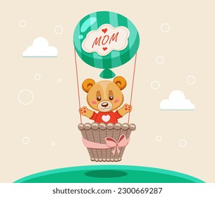 Cartoon cute teddy bear flying in green hot air balloon and word mom it   basket and ribbon  Festive template for mother's day greeting card  Vector illustration  