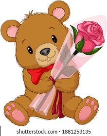 Cartoon cute teddy bear holding a flower