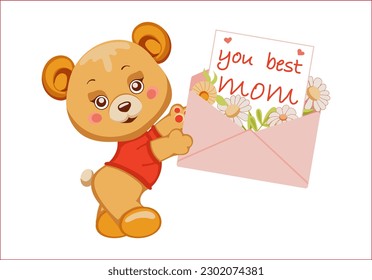 cartoon cute teddy bear holding envelope and letter   letter that says you are the best mom  Isolated design element for Mother's Day greeting card  Vector illustration