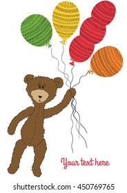 Cartoon cute Teddy bear holding colorful balloons. Vector illustration. Great for Birthday, wedding, anniversary, jubilee, rewarding and winning design.