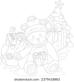 Cartoon cute teddy bear in scarf and hat with toys and Christmas tree sketch template. Winter vector illustration in black and white for games, background, pattern, decor. Coloring paper, page, book