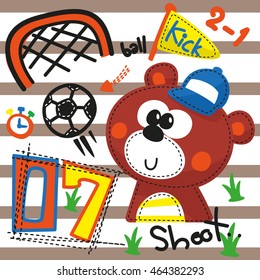 Cartoon cute teddy bear soccer player play with ball on lined background illustration vector.