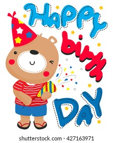 Cartoon cute teddy bear using party popper, happy birthday, greeting card for birthday illustration vector.