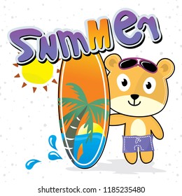 Cartoon of cute teddy bear wearing sunglasses on head with a surfboard on white background illustration vector