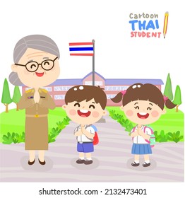 Cartoon Cute Thai Students Character.