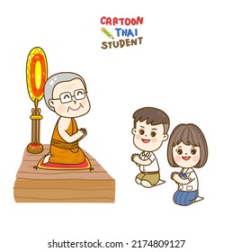 Cartoon Cute Thai Students make merit character.