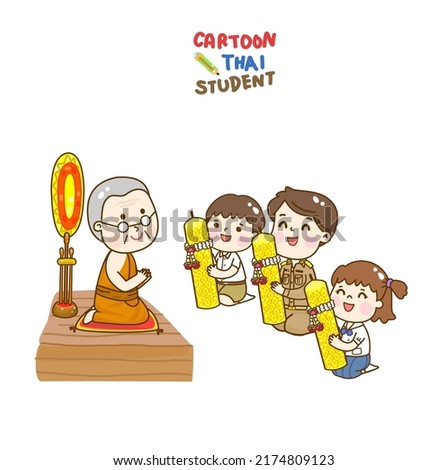 Cartoon Cute Thai Students make merit character.