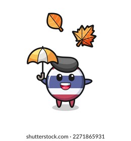 cartoon of the cute thailand flag badge holding an umbrella in autumn , cute style design for t shirt, sticker, logo element