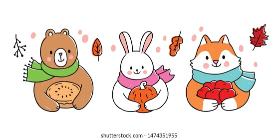 Cartoon cute thanksgiving animals vector.