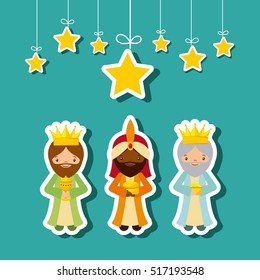 cartoon cute Three Wise Men with decorative stars hanging over blue background. colorful design. vector illustration