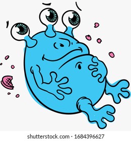 cartoon, cute three-eyed blue alien glutton, isolated on a white background, icon svg