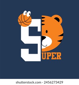 Cartoon cute tiger boy playing basketball illustration vector, t-shirt graphic design.