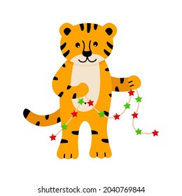 A cartoon cute tiger holds a Christmas garland in its paws. Vector illustration, the concept of Christmas and New Year.