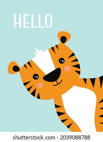 cartoon cute tiger and inscription hello, greeting card with charming pet on blue background, vector illustration