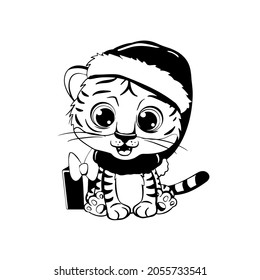 Cartoon cute tiger isolated on a white background with black outline. Coloring Page of Cute little tiger.Vector
