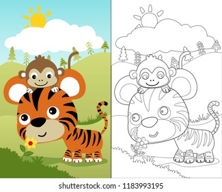 Cartoon of cute tiger with monkey smelling flower on nature background, coloring book or page. Eps 10