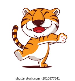 Cartoon cute tiger with smile showing hugging hand on empty space. Tiger character mascot