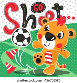 Cartoon cute tiger soccer player with soccer ball on field illustration vector.